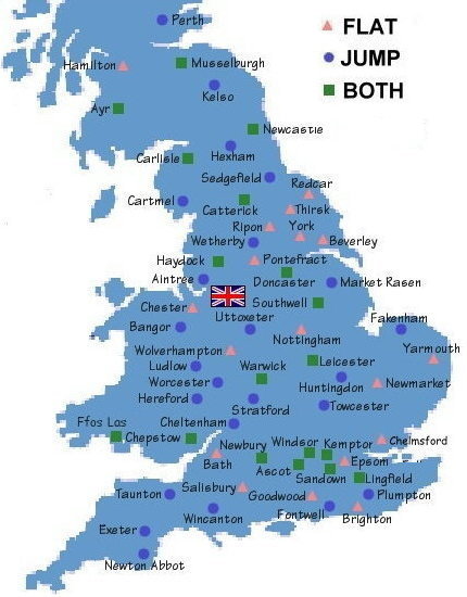 MAP SHOWING ALL UK FLAT AND NATIONAL HUNT RACECOURSES 2022 